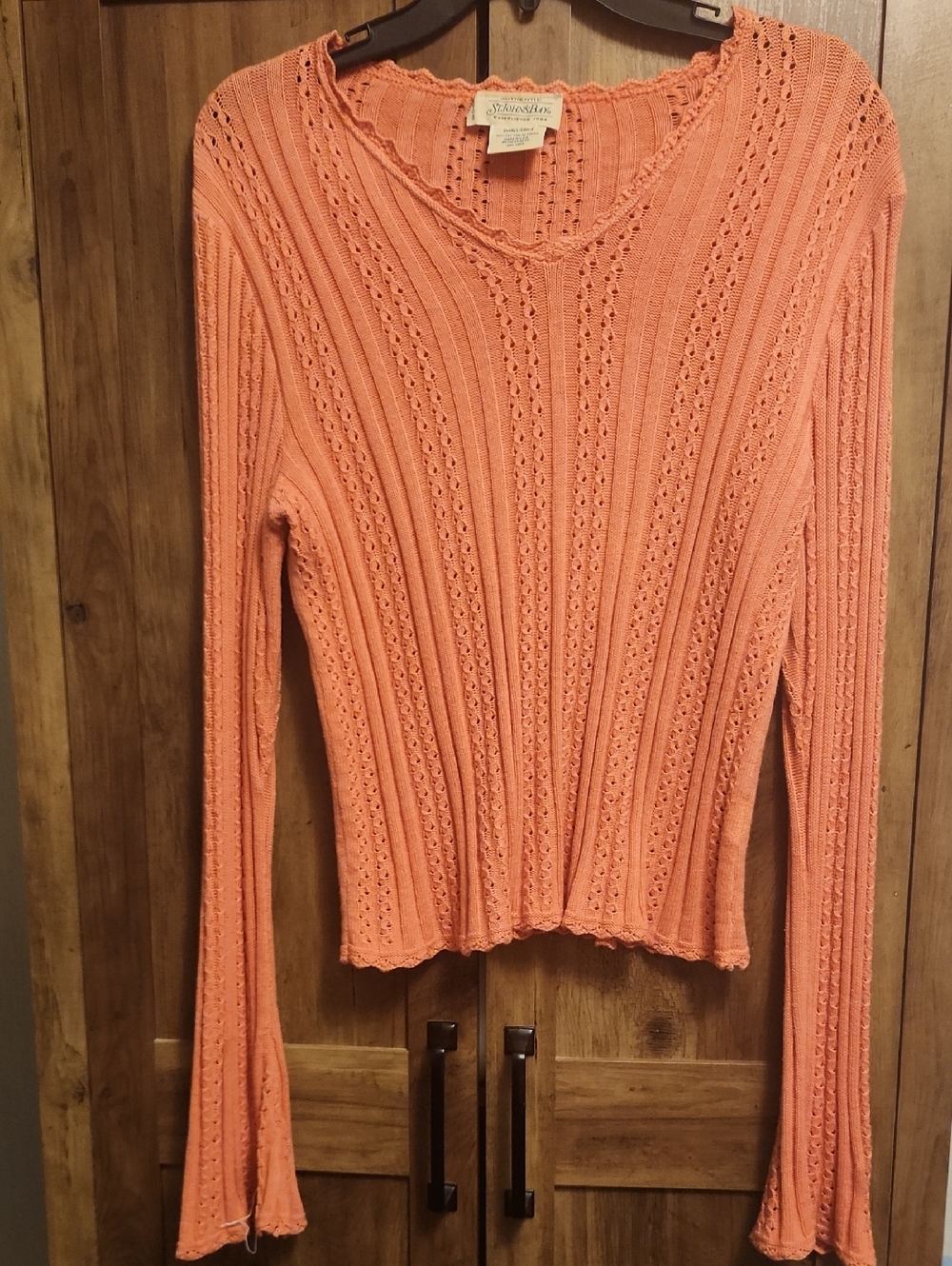 Coral Peach Openwork Knit V-Neck Eyelet Sweater